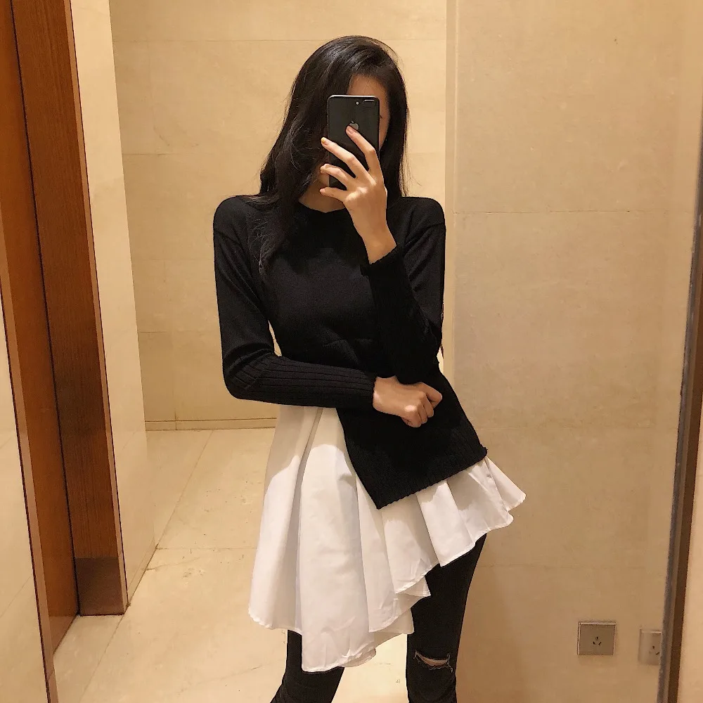 

2019 Knitting Turtleneck Sweater Womens Long Sleeve Ruffles Patchwork Draped Irregular Pullover Spring Fashion Clothes 1934