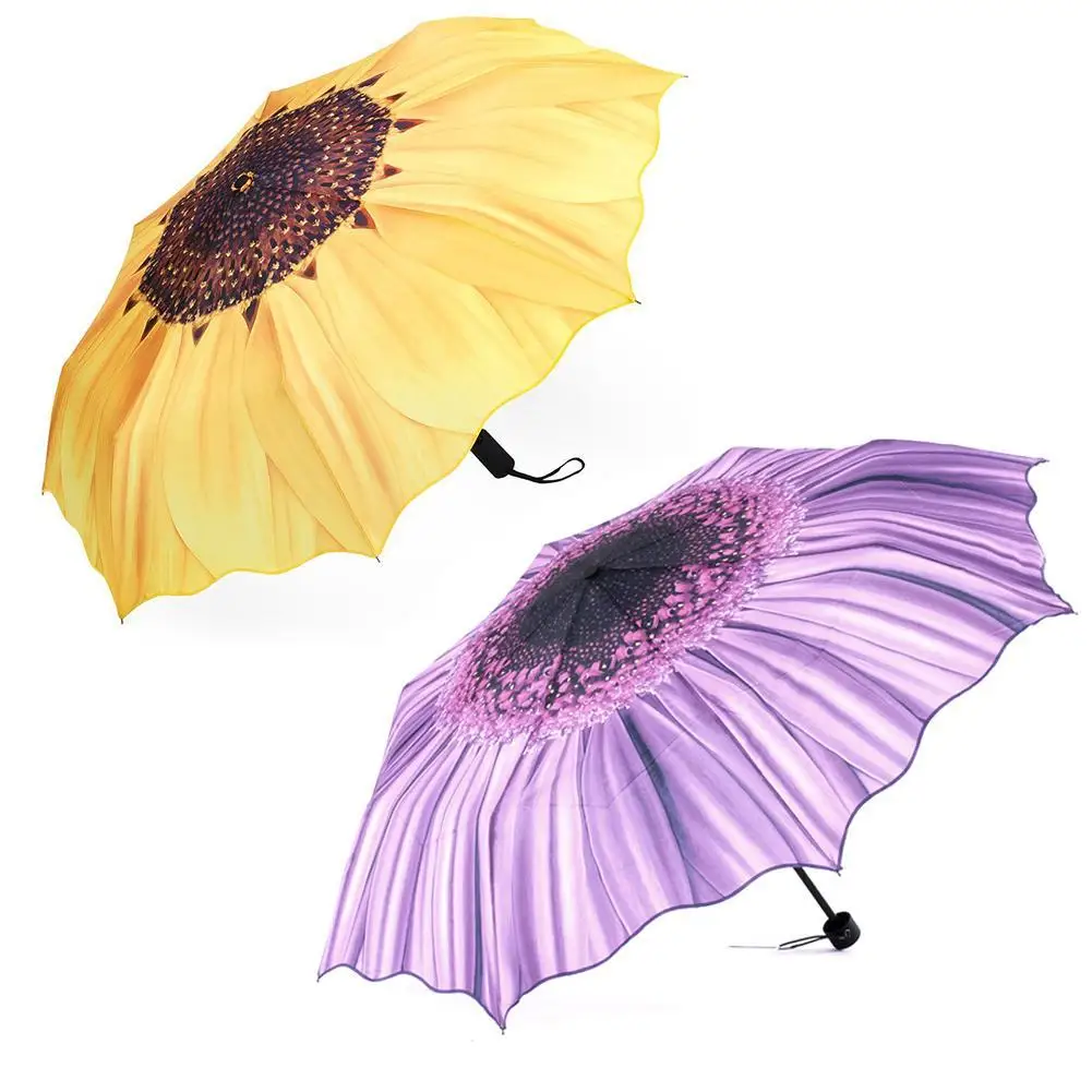 1PC Beautiful Umbrella Rain Women 3D Sunflower 24cm Three Folding