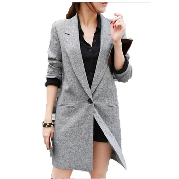 

Blazer women new Korean version of the long S-2XL plus size gray long-sleeve spring and autumn single button casual Blazer JD243