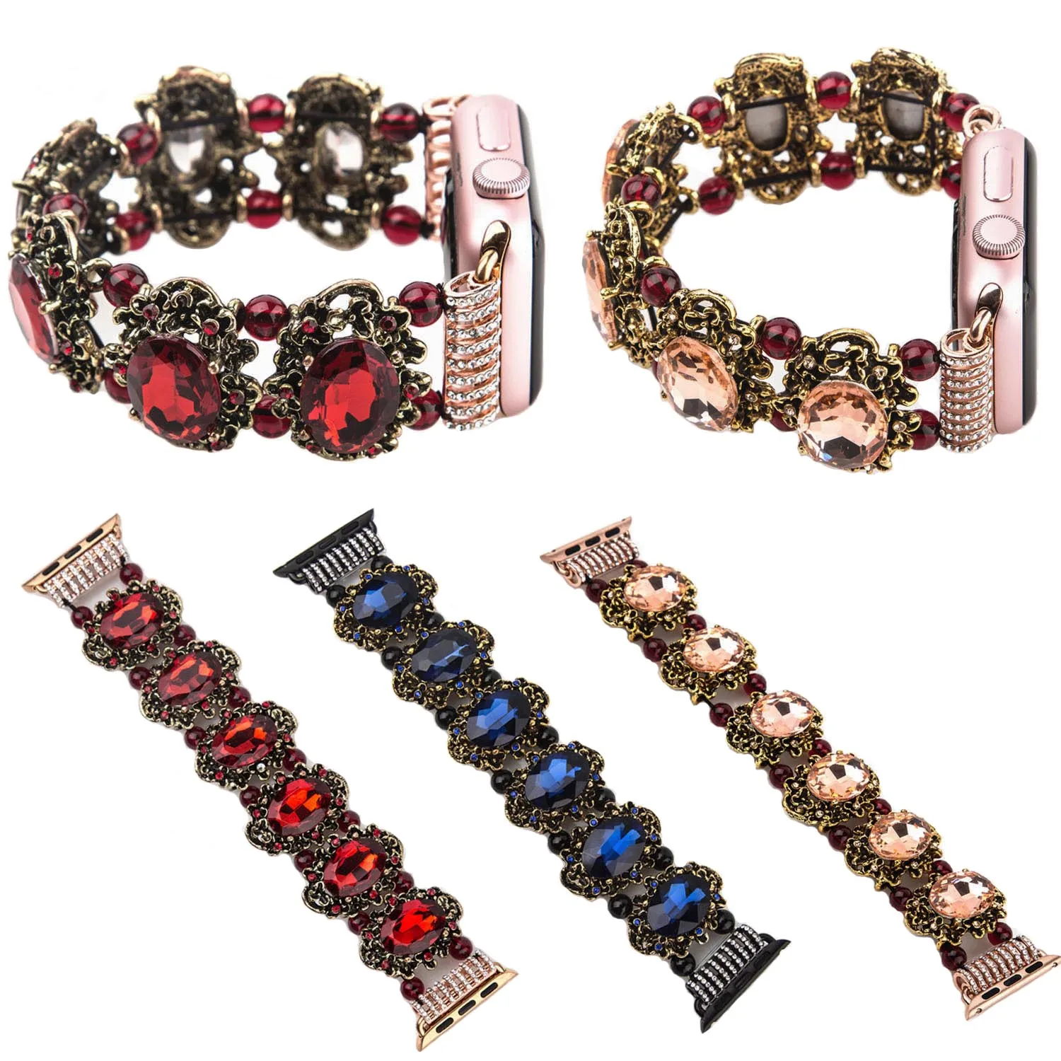 

Luxury Stretch Bracelet for Apple Watch Series 3 2 1 Band Gemstones Jewelry Strap for iWatch 38mm 42mm Watchbands Bohemian Style