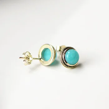 

Cheap 925 Sterling Silver Jewelry Natural Gemstone Amazonite Small Earrings Round For Women Fine Jewelry Oorbellen Ringen