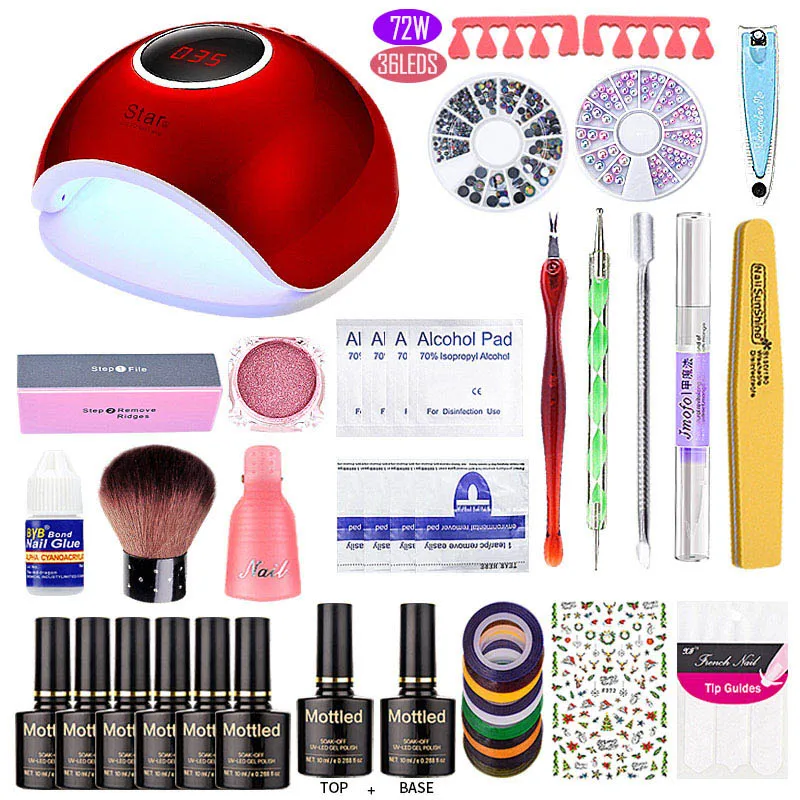 72 Вт/48 Вт Светодиодный УФ-лампа для ногтей набор УФ-гель для маникюра набор выбрать 6 разноцветный Гель-лак для ногтей лак основа верхнее покрытие набор инструментов для маникюра