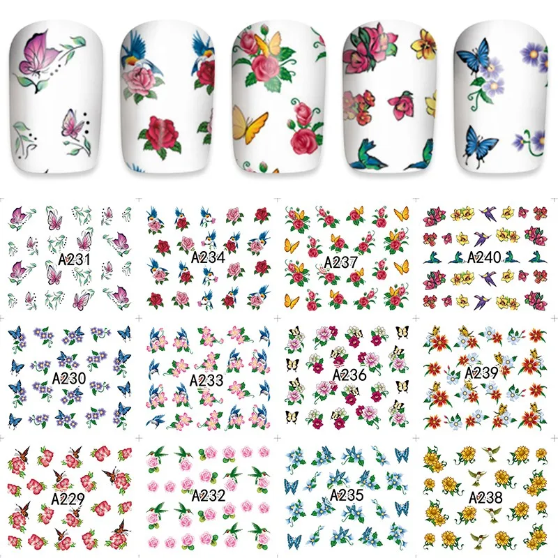 2018 12 постельные простыни модный переводятся с помощью воды Nail Art Наклейки цветок