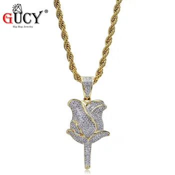 

GUCY Gold Rose Flower Petals Necklace & Pendant With Tennis Chain Silver Color Iced Out Cubic Zircon Men's Hip Hop Jewelry Gift