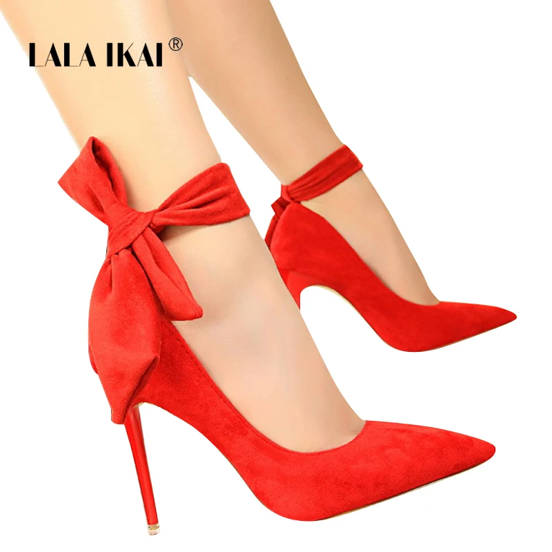 

LALA IKAI Women Basic Ankle Strap Pumps Flock Pointed Toe Party Thin High Heels Lace-Up Talon Femme Ladies Stiletto 014C1468 -4