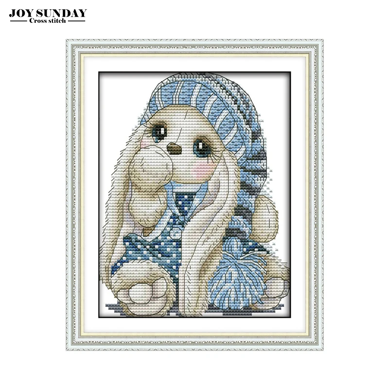 

A Rabbit In A Blue Hat Joy Sunday Cross Stitch Kits Embroidery Needlework Sets Cartoon Patterns DIY DMC Threads Canvas Painting