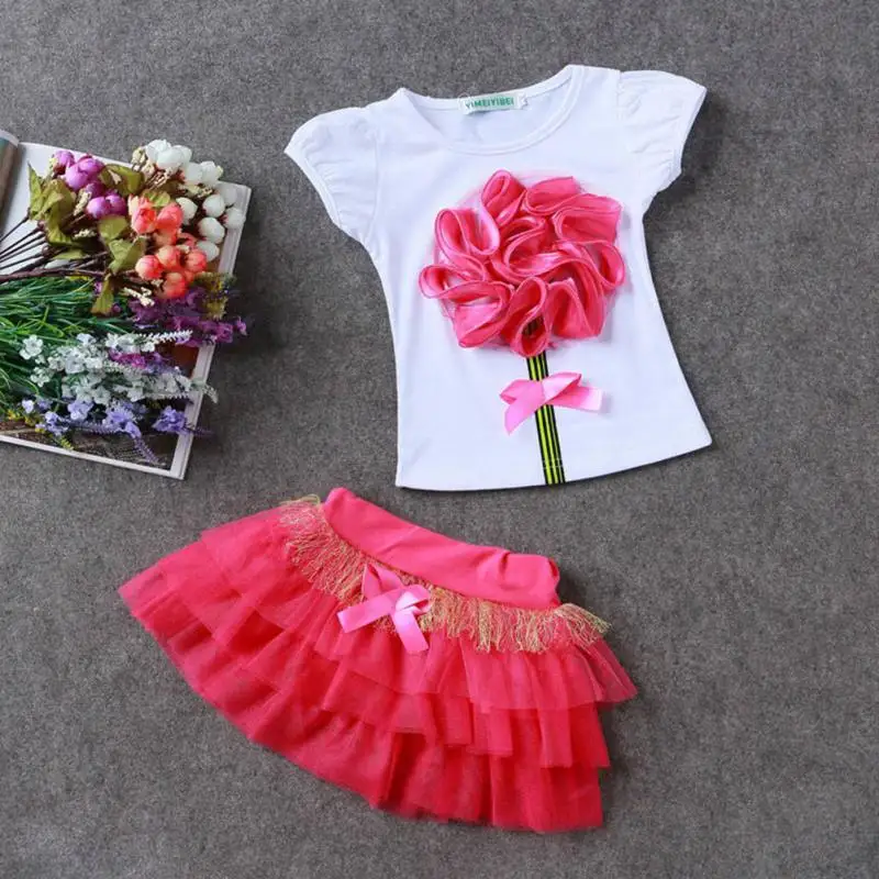 

Baby Kids Girls Cloth Set Toddler Princess Party Flower T-Shirt+Tulle Tutu Skirt Hot Selling 2PCS