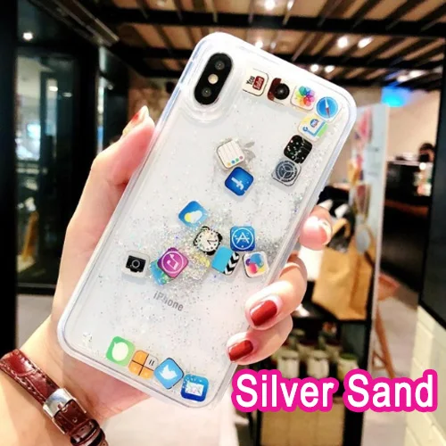 Милый значок приложения Жидкий чехол для телефона для iPhone Xs Max XR 10 Блеск Bling Star чехол для Coque iPhone 7 Plus iPhone7 8Plus 6s чехол - Цвет: Silver