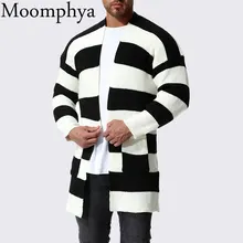 Moomphya/Стильные Черный и белый цвета в полоску мужской кардиган, свитер вязаный свитер Мужская длинная уличная одежда в стиле «хип-хоп», на осень и зиму sueter hombre пальто