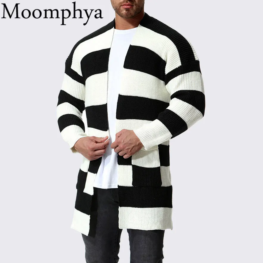 Мужской кардиган в черно белую полоску Moomphya вязаный свитер удлиненная уличная