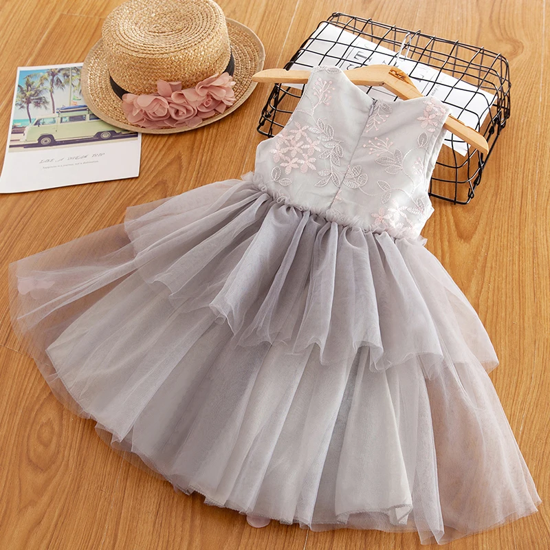 Милое Платье с цветочной вышивкой для девочек летнее праздничное бальное платье с аппликацией для маленьких девочек, повседневная одежда для маленьких детей размер на 2, 4, 6 лет