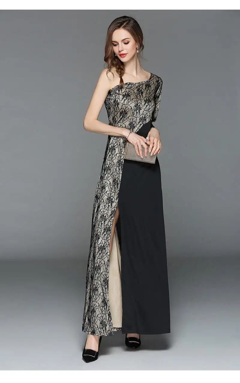 2018 spring summer new fashion sexy women lace dress shoulder sleeve bare shoulder slim female lace formal dress long dress
