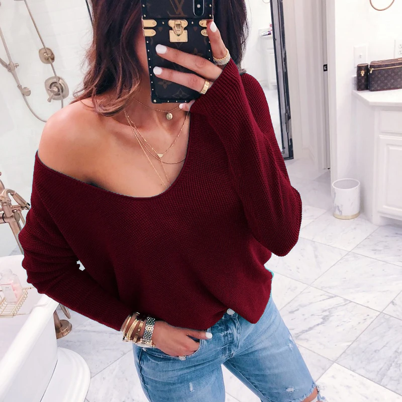 

Women Sexy V-neck Off Shoulder Sweater Casual Long Sleeve Solid Pullovers Female 2019 Spring Autumn Sweetwear Knitted Tops