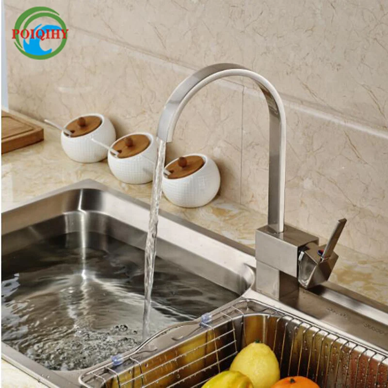 Strong Durable 360 Rotation Kitchen Mixer Faucet Single Handle One Hole Kitchen Taps Nickel Brushed with