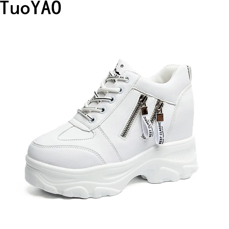 

Women Sneakers PU Leather Casual Platform Trainers White Shoes 8.5CM Heels Autumn Wedges Breathable Woman Height Increased Shoes