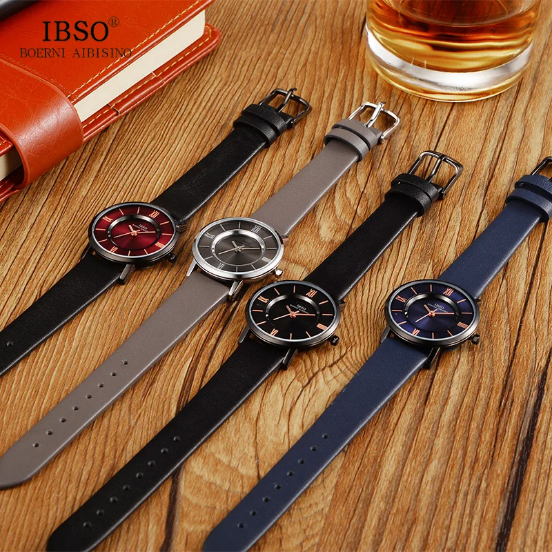 IBSO 7 MM Ultra-Thin Women Watches 2017 Genuine Leather Strap Fashion Blue Quartz Watch Women Luxury Ladies Watch Montre Femme