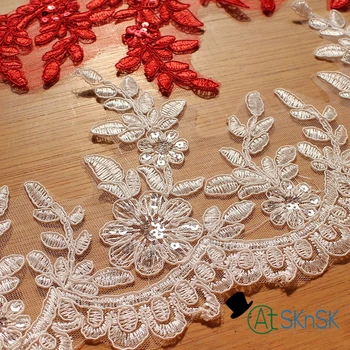 

High quality lace appliques 3yards/lot Exquisite car bone white red lace trim 17cm width sequined bridal wedding lace ribbons