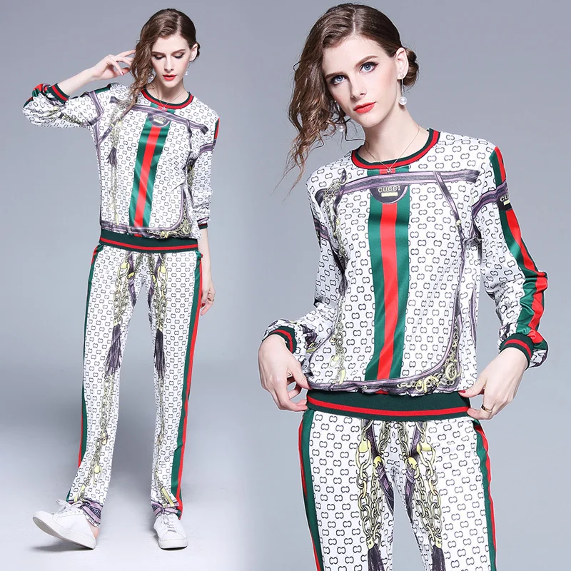 

2019 Spring Summer Fall Runway 2 Piece Women Sets Retro Vintage Print Pullover Top Sweatshirt Pant Suits Outfits Tracksuits