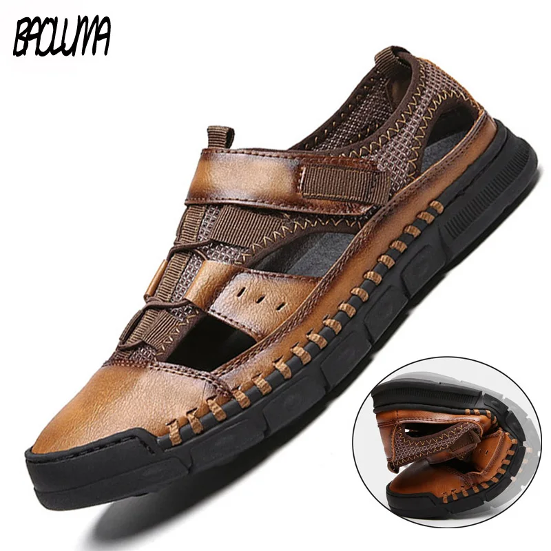 Men/'s Hand Stitching Outdoor Closed Toe Leather Sandals Casual Beach Slippers US