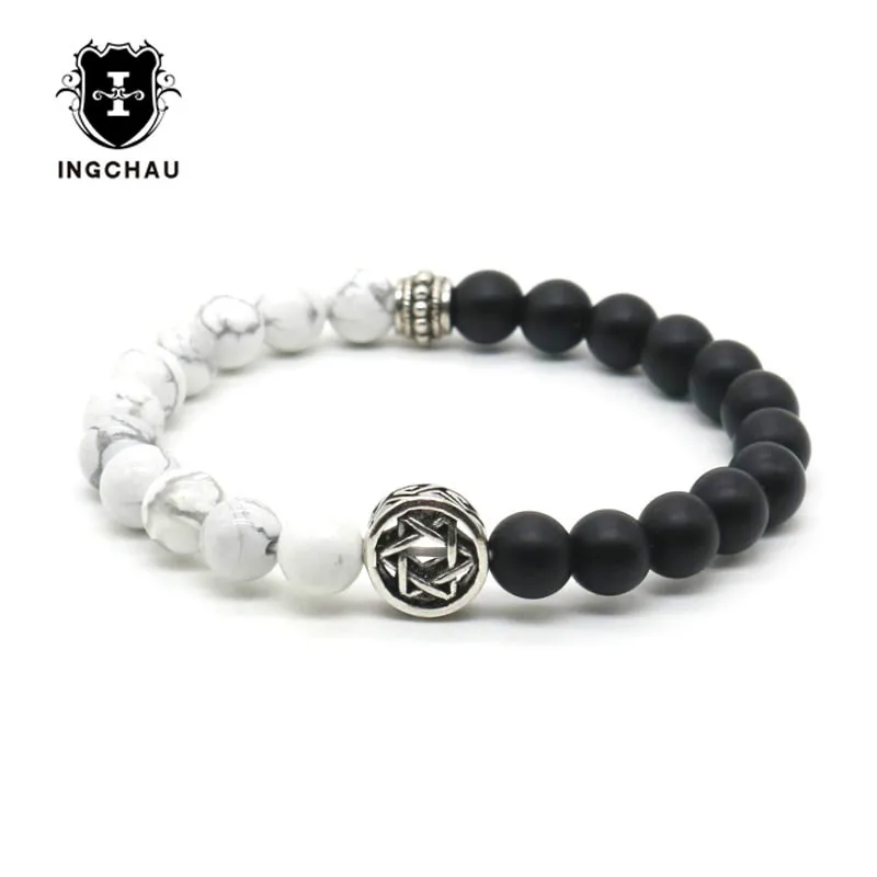 

2018 Silver Plated Jewish Star of David Bracelet Men White Howlite Stone Israel Judaism Bracelets Pulseira Masculina DB-23
