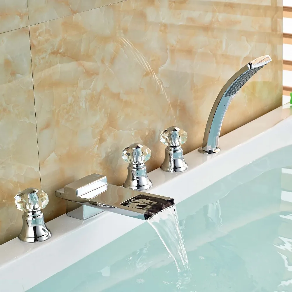 

Chrome Bathroom Three Handles Waterfall Hand Shower Bathtub Tub Faucet Mixer Tap