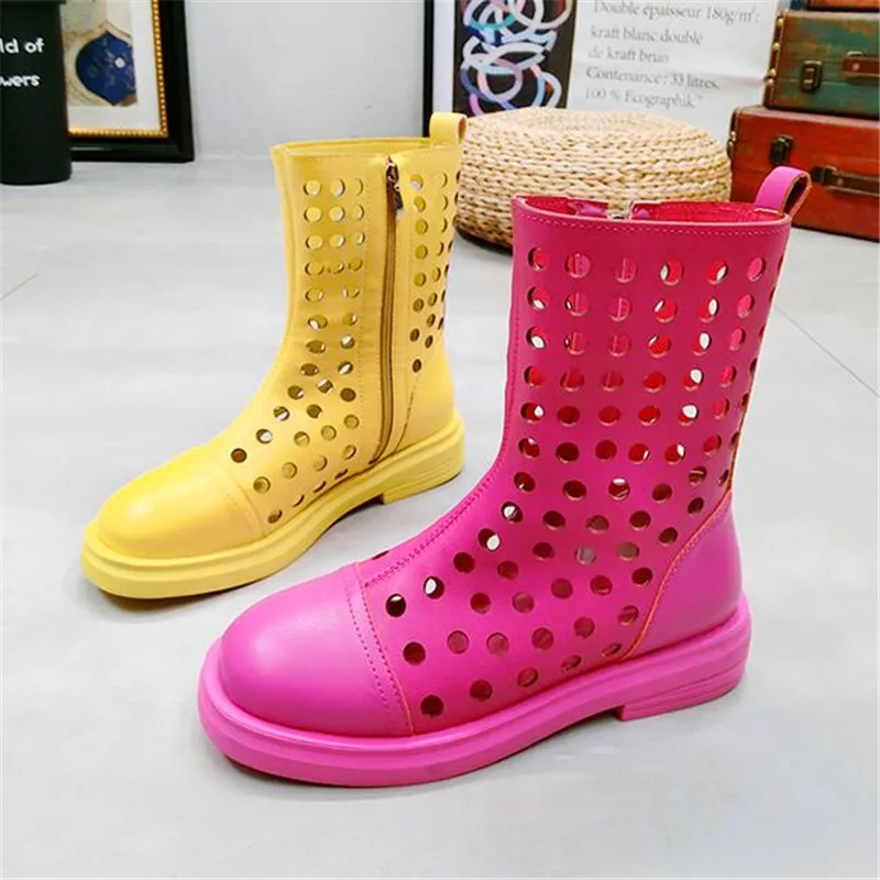 

Summer new Breathable hollow hole shoes candy color Martin boots motorcycle boots Square heel short boots women's flat shoes