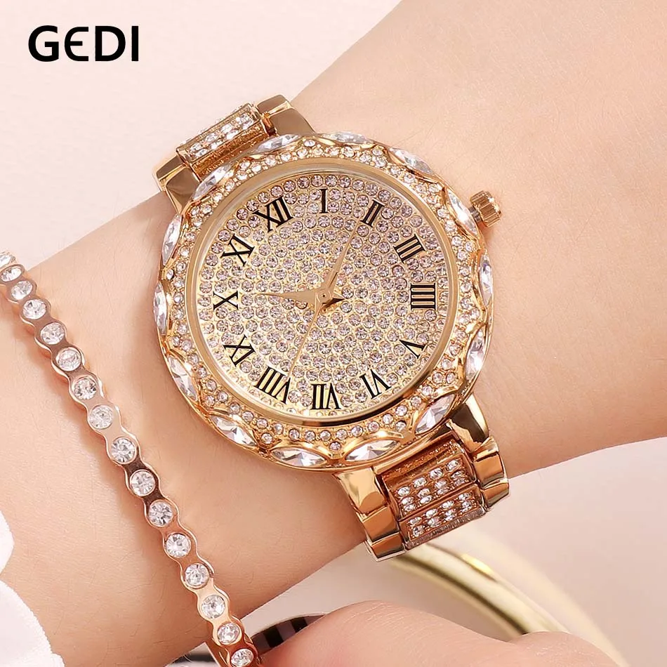 

GEDI Womens Watches Luxury Rose gold Fashion Women's Wristwatch Clock Diamond Woman Ladies Watch for Women 2019 reloj mujer