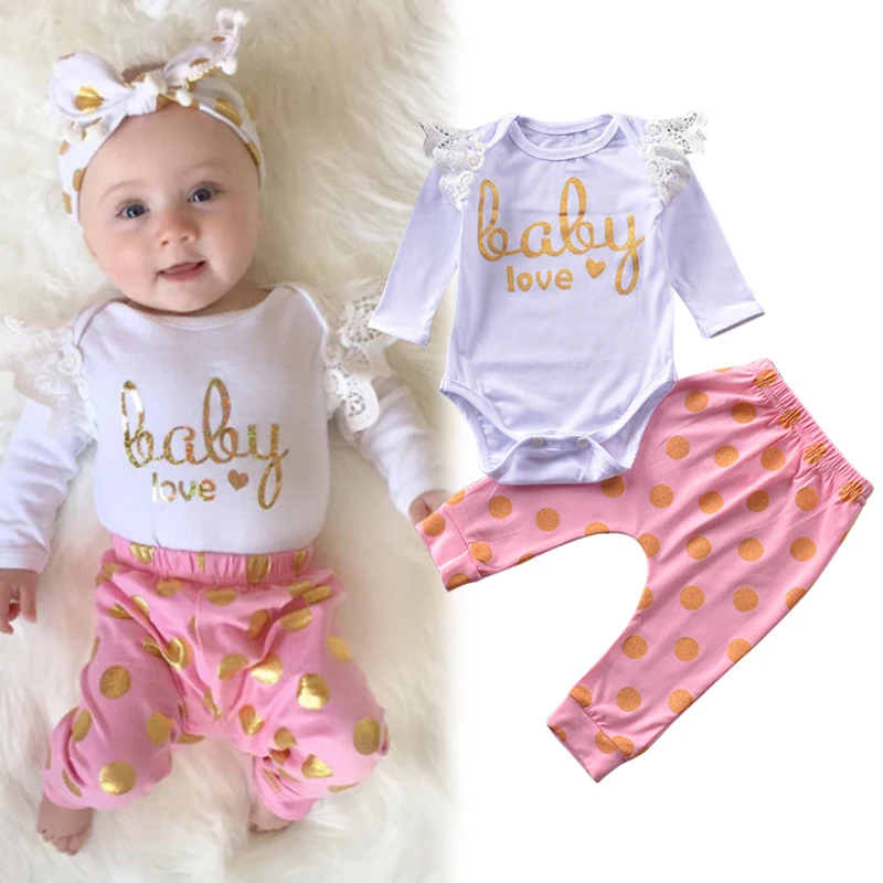 0-18M Hot 2PCS Baby Girl Clothes Cute Bebes Cotton Bodysuit Romper Gold Dot Pant Trouser Outfit Bebek Giyim Clothing Set