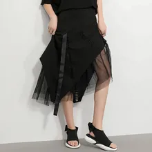 Асимметрия, новая летняя женская юбка в Корейском стиле, женская модная черная марлевая Лоскутная юбка с отверстиями, Необычные Юбки AL1432