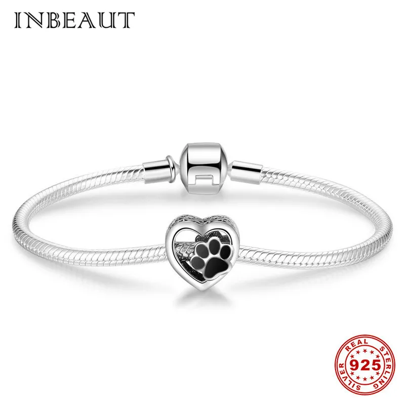 INBEAUT fit Pandora очаровательный браслет, серебро, 925, милые черные эмалевые шармы в виде медведей, лапы, бусины для женщин,, милые украшения для домашних животных