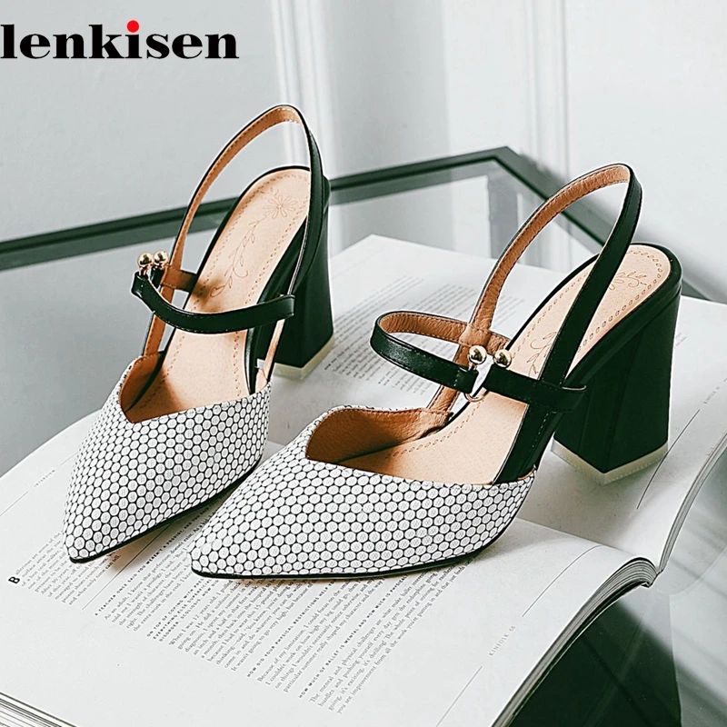

Lenkisen PU leather metal buckle pointed toe shallow metal decoration fashion model show elegant women big size cozy pumps L36