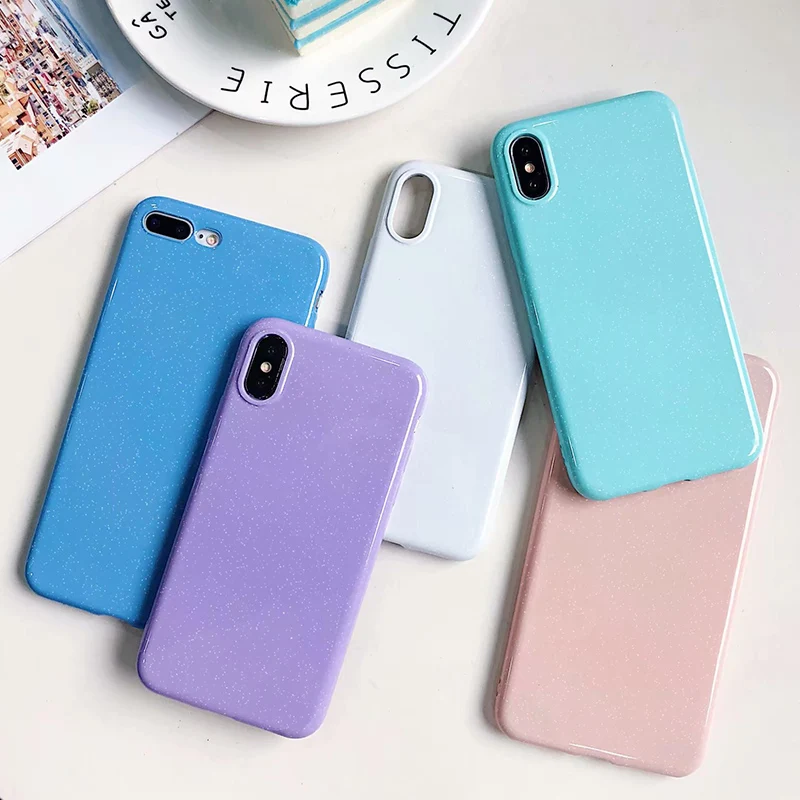 

Glitter Plain Candy Color Case for iPhone XR Xs Max Glossy Light Oil Soft Case for iPhone 7 8 Plus Case on iPhone 6 6s Plus X 10