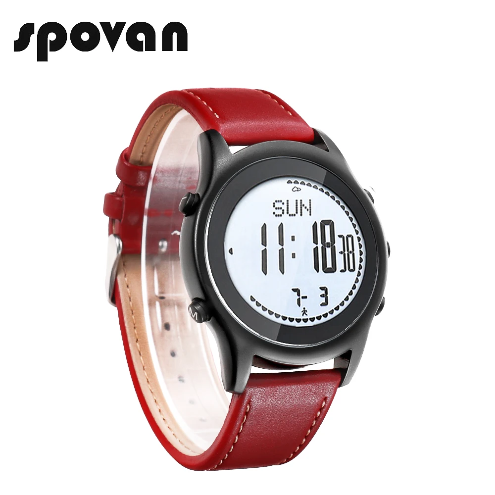 SPOVAN Men Women Sport Watch Fashion Ultra Thin Carbon Fiber Dial Red Genuine Leather Altimeter