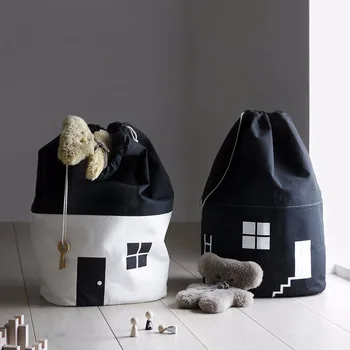 

INS Black White House Storage Bag Large Capacity Cotton Canvas Organizer Pouch Baby Clothes Kids Toys Beam Port Collection Bags