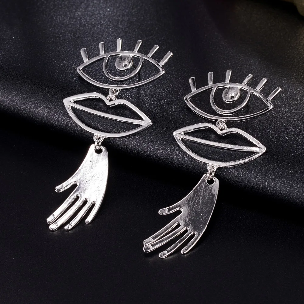 KISSWIFE Abstract Face Drop Earrings Fashion Jewelry Vintage Metal Geometric Hollow Eye Lip Palm Statement Earrings for Women