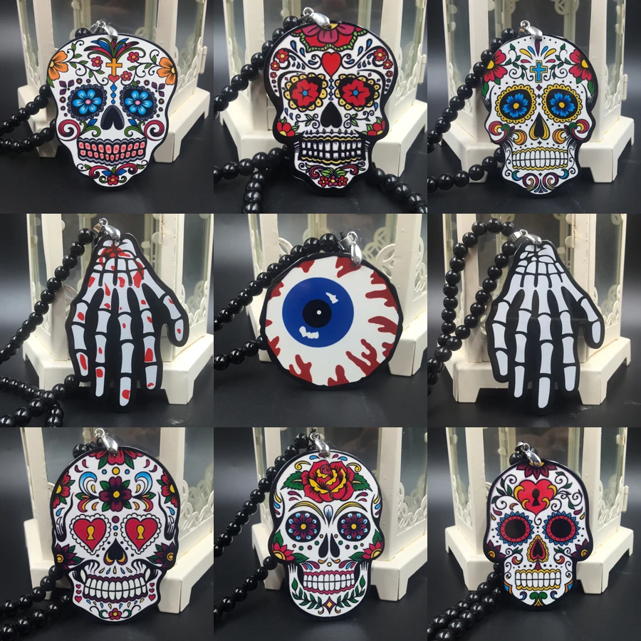 

Punk Calavera Expandable Sugary-sweet whimsical skull Necklace Black Bead Mexican Day of the Dead Halloween Sugar Skull Necklace