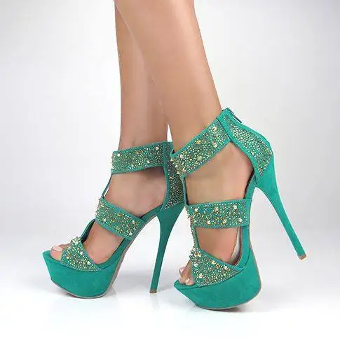 

Made-to-order Green Nubuck Leather Gladiator Ankle Strap Thin High Heel Women Sandals Shoes Platform Gold Rhinestones Back Zip