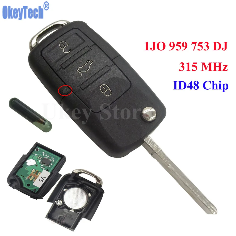 OkeyTech 3 Buttons 315MHz Car Remote Control Completed Flip Key Fob Blank Blade With ID48 Chip For VW SKODA SEAT 1JO 959 753 DJ