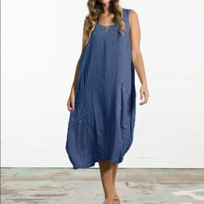 Women's plus size dress plus size 5XL 6XL 7XL 8XL summer round neck sleeveless casual loose large size pocket blue dress Women's plus size dress plus size 5XL 6XL 7XL 8XL summer round neck sleeveless casual loose large size pocket blue dress