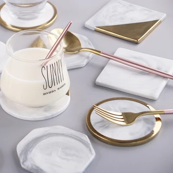 

Luxury Europe Marble Ceramic Gold Plating Coaster Cup Mats Pads Waterproof Heat-insulated Home Decoration Desktop Chic Placemat