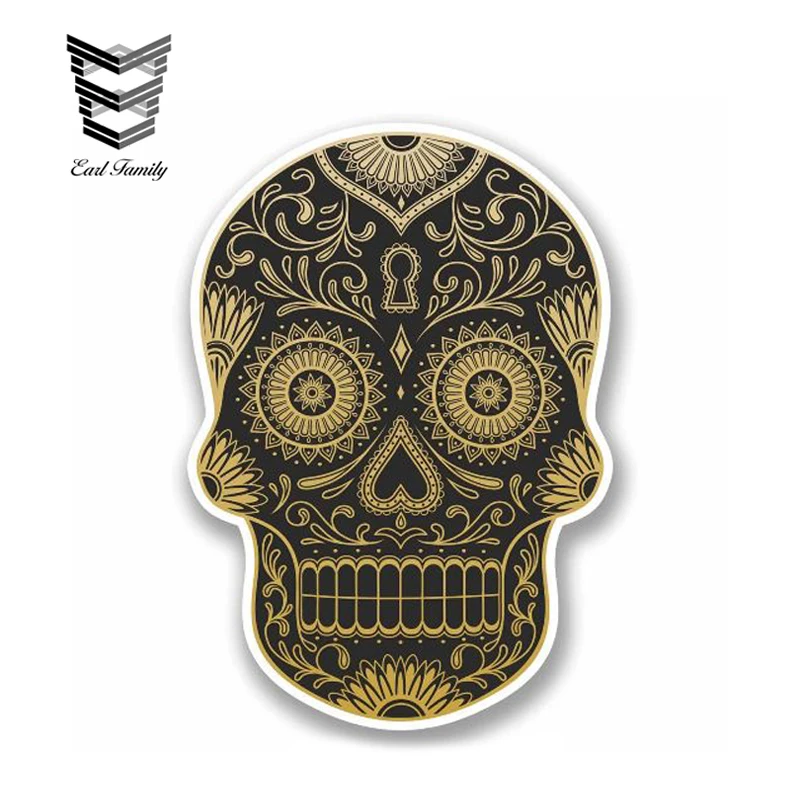 

EARLFAMILY 13cm x 8cm Gold Sugar Skull Vinyl Sticker AUTO MOTO Decor BIKE MOTORCYCLE TUNING Decal Laptop Car Helmet Girls Gift