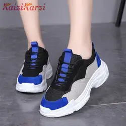 KaiziKarzi модные женские туфли толстая подошва обувь круглый носок на шнуровке кроссовки с пэчворком повседневная обувь для отдыха Для женщин
