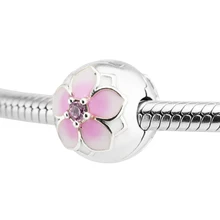 Подходит для Pandora шармы браслеты цветение магнолии бусины с бледно-вишневая эмаль стерлингового серебра 925 ювелирные изделия
