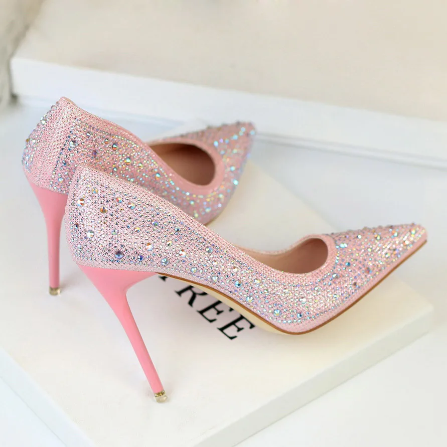 Женские блестящие туфли-лодочки на высоком каблуке 10 см с кристаллами; элегантная женская обувь серебристого цвета; Свадебная обувь золотистого цвета; обувь розового цвета - Цвет: Розовый