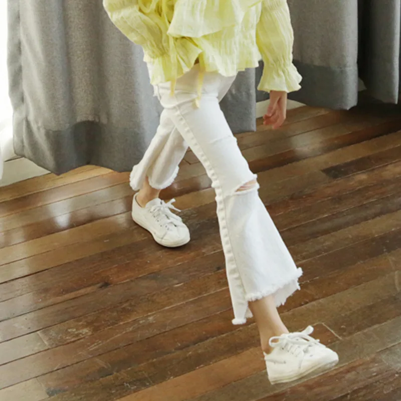 

Summer Distrressed 4-12Y Baby Girls Jeans Ankle-length Denim Boot Cut Ripped Pants Top Quality Casual Mid Jeans Fille Children
