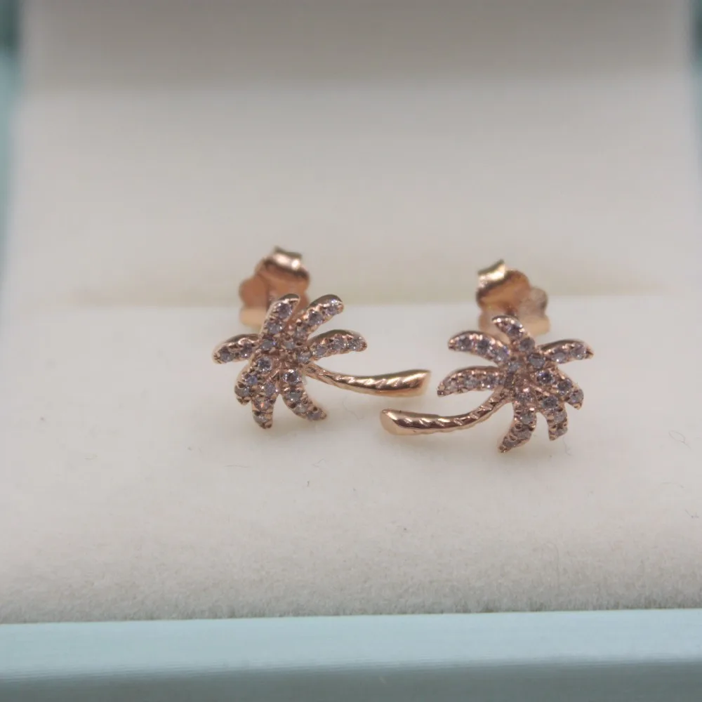 

High Quality Jewelry Real 18K Rose Gold Elegant Earrings Zircon Coconut Tree Party Stud Earrings For Women Girl 1.5-1.7g New