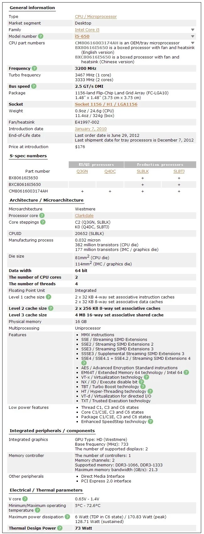most powerful cpu Intel Core i5 650 Processor 3.2 GHz Dual-Core 4MB Cache Socket LGA 1156 32nm 73W Desktop CPU laptop processor