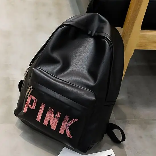 Women Leather Backpack Pink Letter Bolsas Mochila Feminina Large Girl Schoolbag Travel Bag School Backpacks Black Bagpack - Цвет: Черный