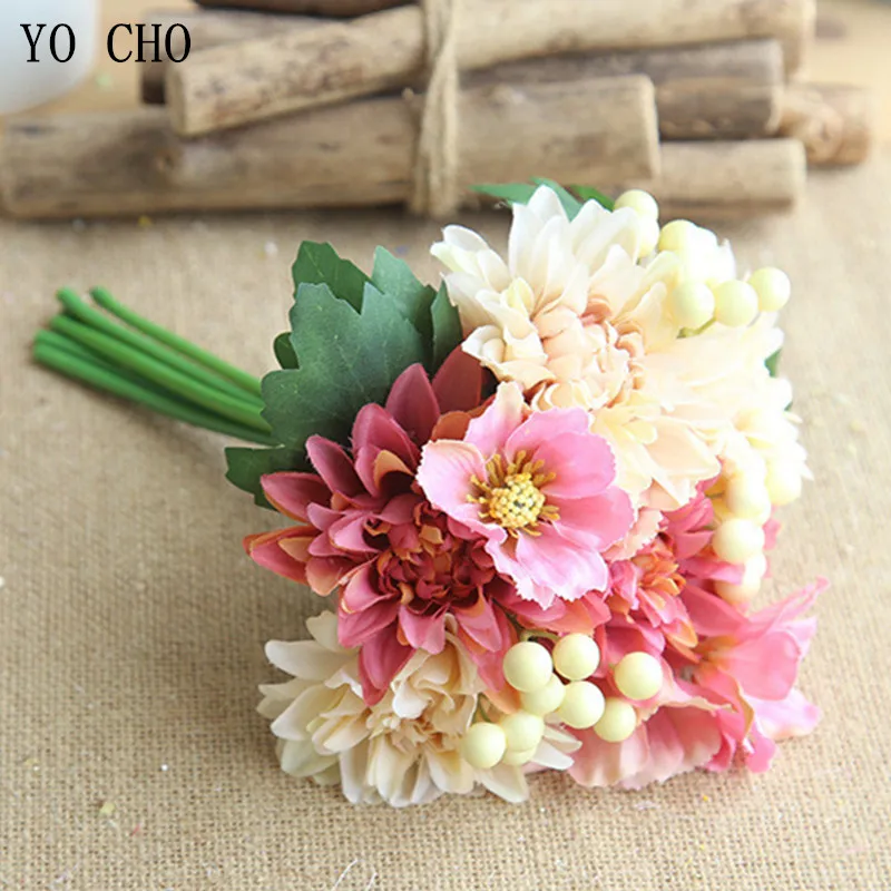 YO CHO Artificial Flowers High Quality Silk Flowers Dahalia Berry Bouquet For Wedding Home Desktop Office Decoration Fake Flower