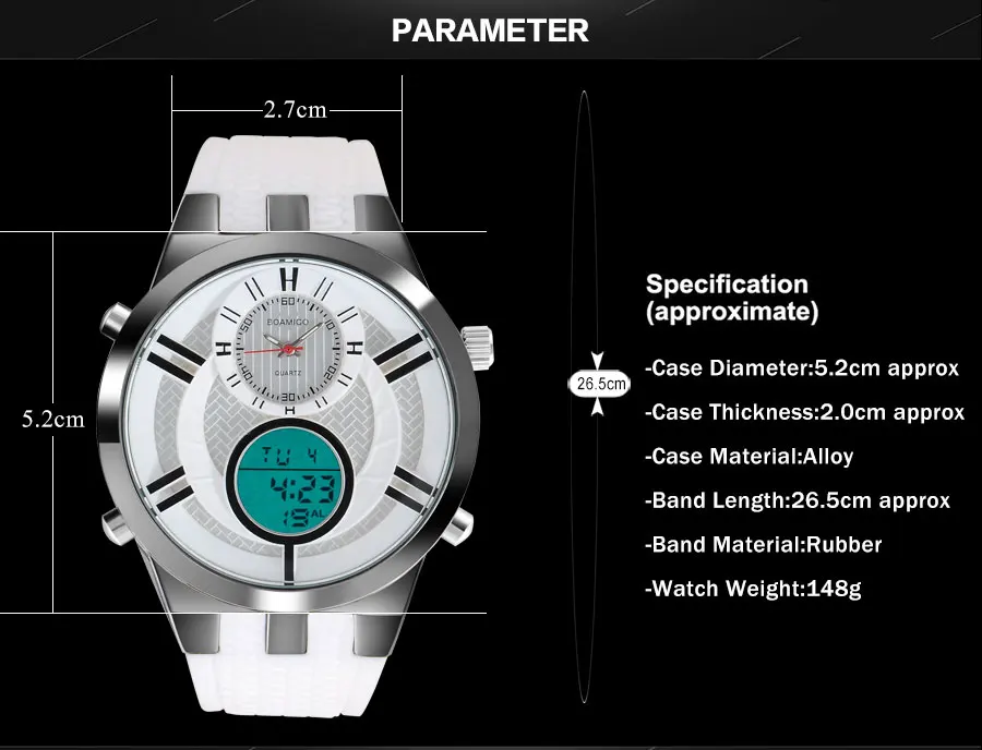 BOAMIGO Mens Watches Top Brand Luxury Dual Display Digital Military Quartz Watch White Rubber Gift Wristwatches for Casual Dress (1)
